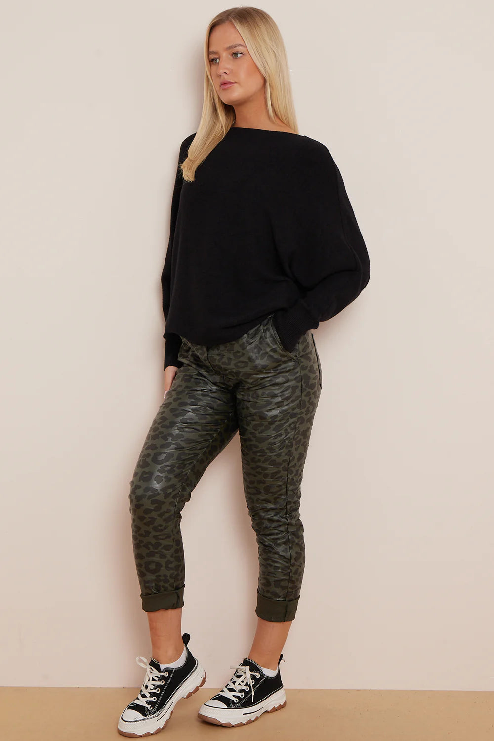 Hax super stretch leather look leopard print magic pants in khaki