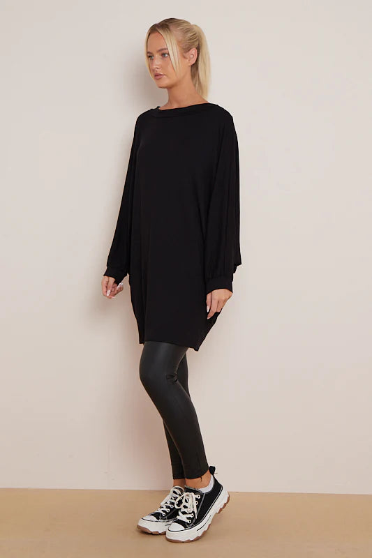 Stevie batwing sleeve long line jersey tee in black