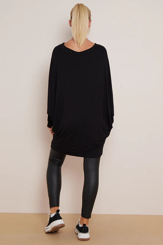 Stevie batwing sleeve long line jersey tee in black