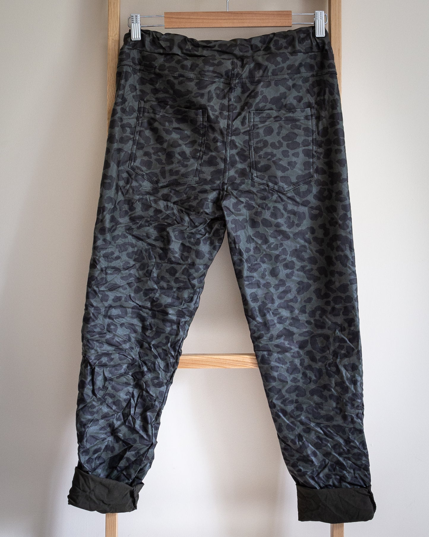 Hax super stretch leather look leopard print magic pants in khaki