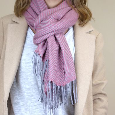 Raspberry pink and grey chevron scarf with fringe